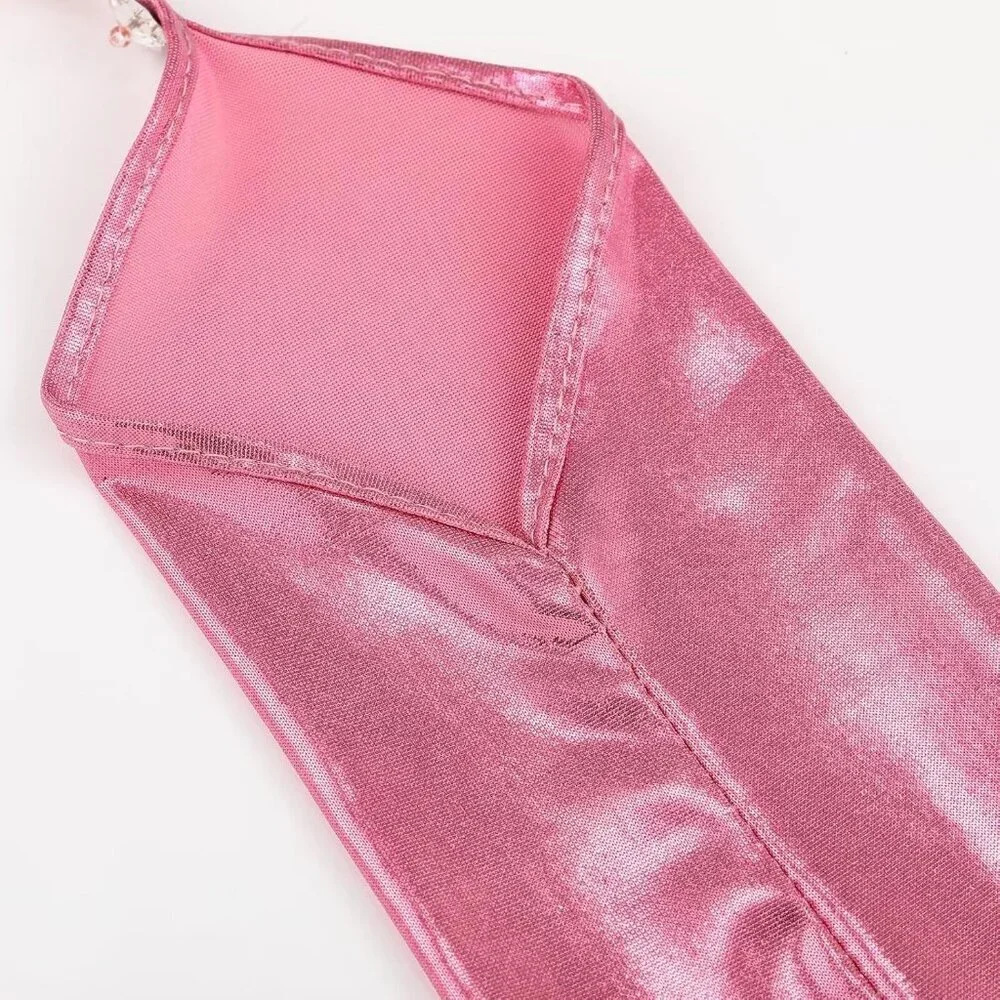 Women's Pink Shiny Elastic Satin Rave Fingerless Long Gloves Party Costume